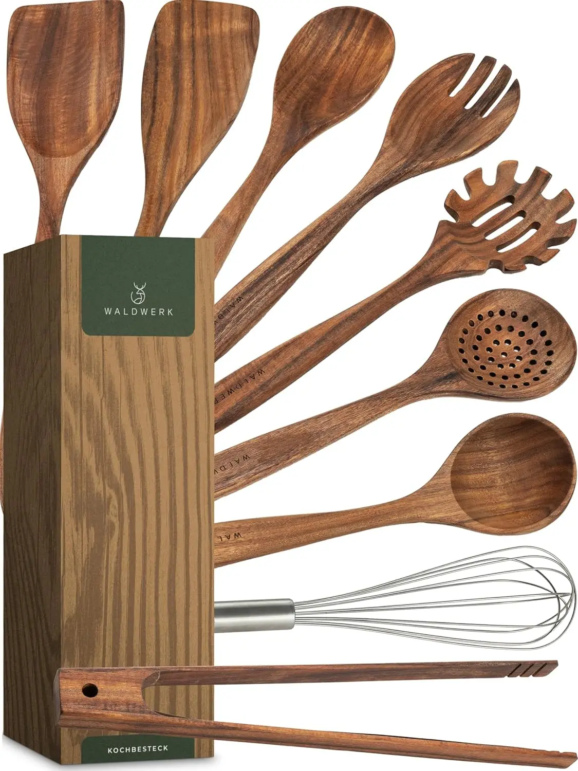 

9-Piece Wooden Kitchen Utensil Set with Stand - Non-Toxic Teak Wood for Cooking