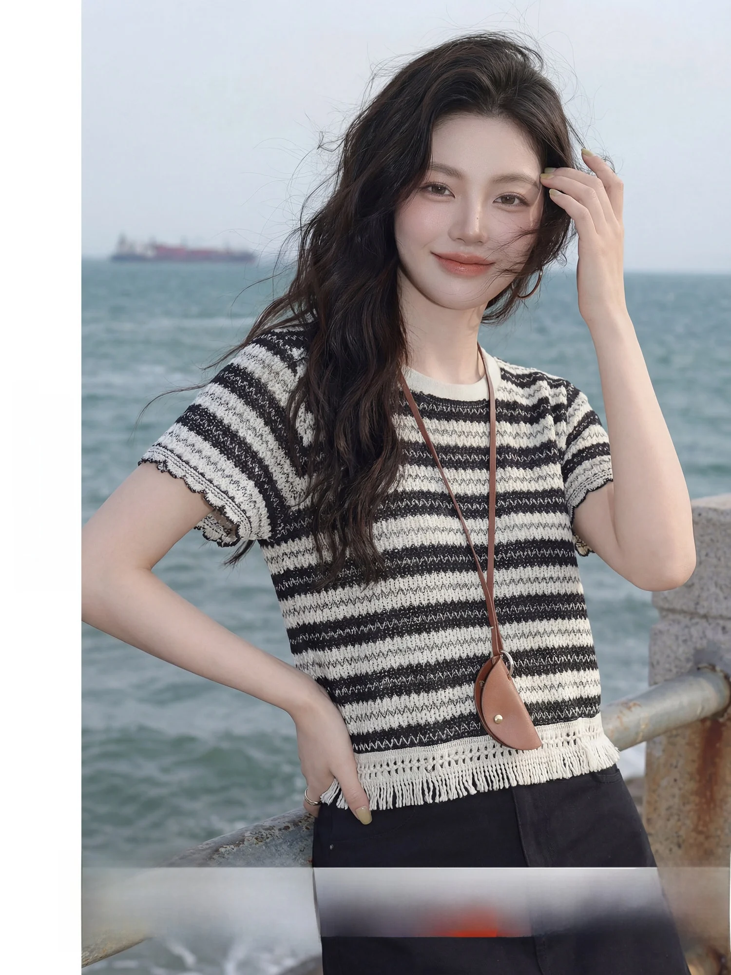 

round Neck T-Shirt Fringed Stripe Knitted Top Color Block Summer New Design Sensation Chinoiserie Style Women's Fashion