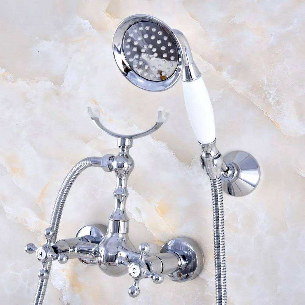 

Modern Silver Chrome Brass Wall Mount Bathtub Faucet with Handheld Shower Set +1.5M Hose Mixer Tap 2na726