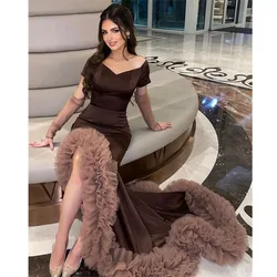 Customized Court Train Prom Gown for Women V-Neck Short Sleeves Side High Slit Pleat Ruffle Evening Party Dresses فساتين مناسبة