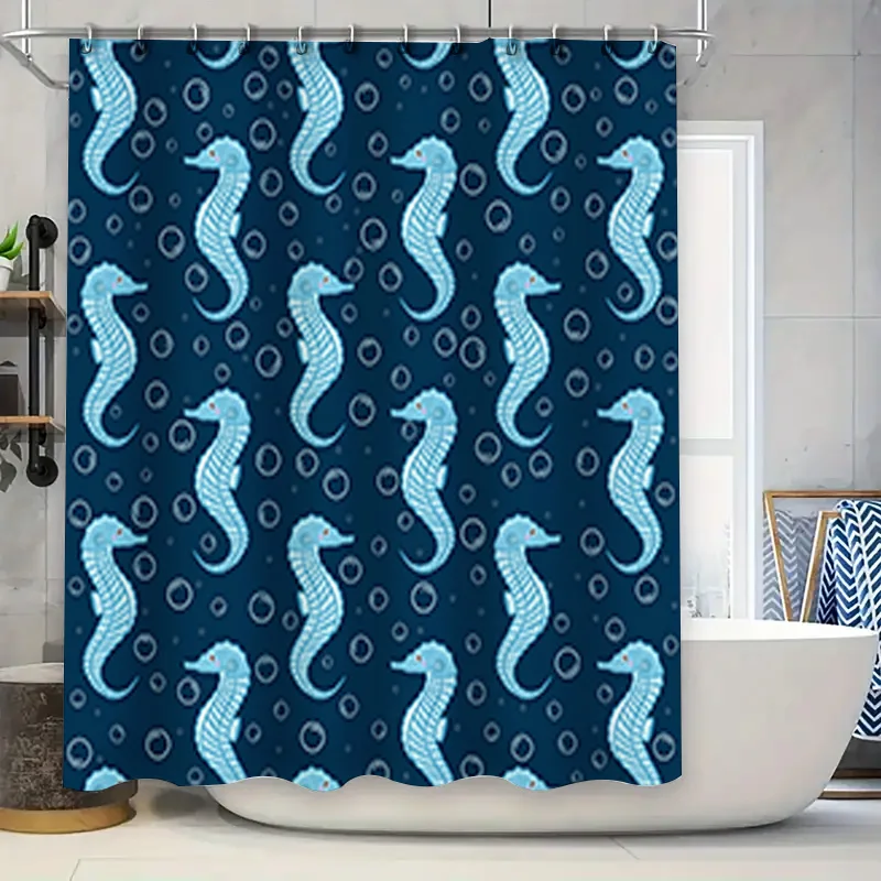 

Seahorse Bath Shower Curtain with Bubble Blue Print Waterproof Fabric Decorative Home Toilet Liner (180x200cm)
