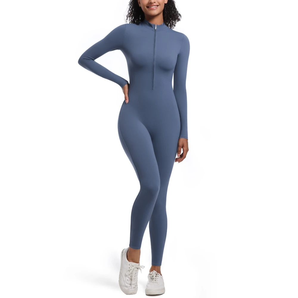 MIMl Women's High Elastic Long One-Piece Suit Solid Color Half Zipper Fitness Yoga Sportswear for Running