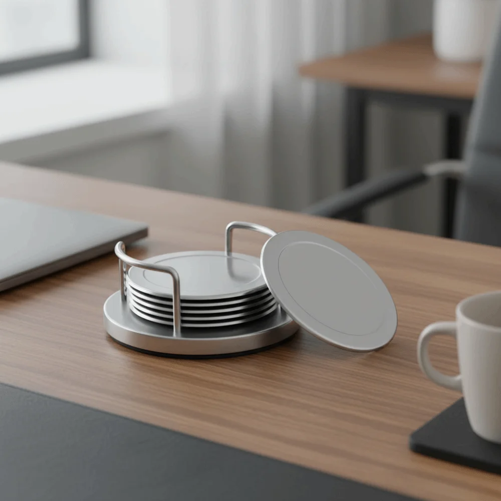 6 Pieces Creative Round Stainless Steel Coaster Non-slip Silver Cup Mat with Storage Rack Thickened Drink Pad Restaurant