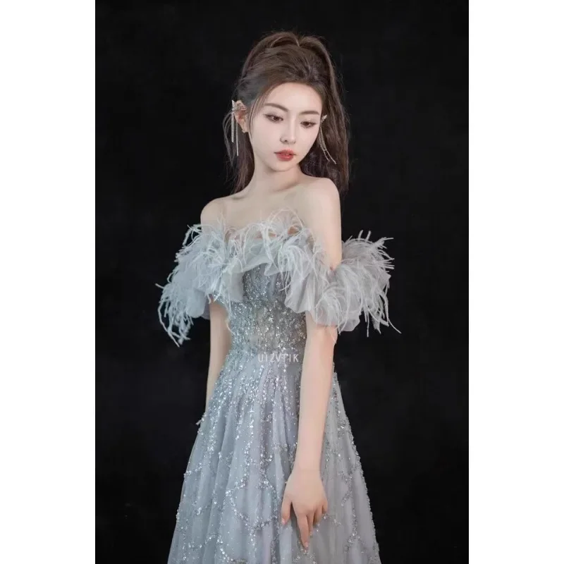 فساتين سهرة نسائية مكشوفة الكتفين ريش باتو مطرز للحفلات مناسبة رسمية طويلة فستان تول أنيق لحفلات الزفاف