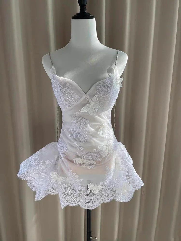 Sexy Chian Spaghetti Straps Lace Patchwork Mini Dress Women White Sleeveless Butterfly Design Dresses Evening Party Cocktail