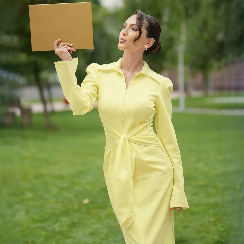 

Elegant Lace Up Bodycon Maxi Dress Women Solid Turn Down Collar Long Sleeve Zip-up Slim Peach Hip Split Office Lady Outfits