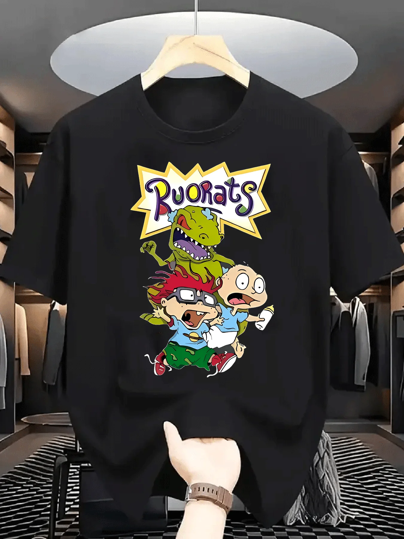 كارتون رغراتس شخصية مطبوعة عادية جولة الرقبة أزياء اليومية أعلى جولة الرقبة تي شيرت بسيط عارضة الملابس القطن التي شيرت