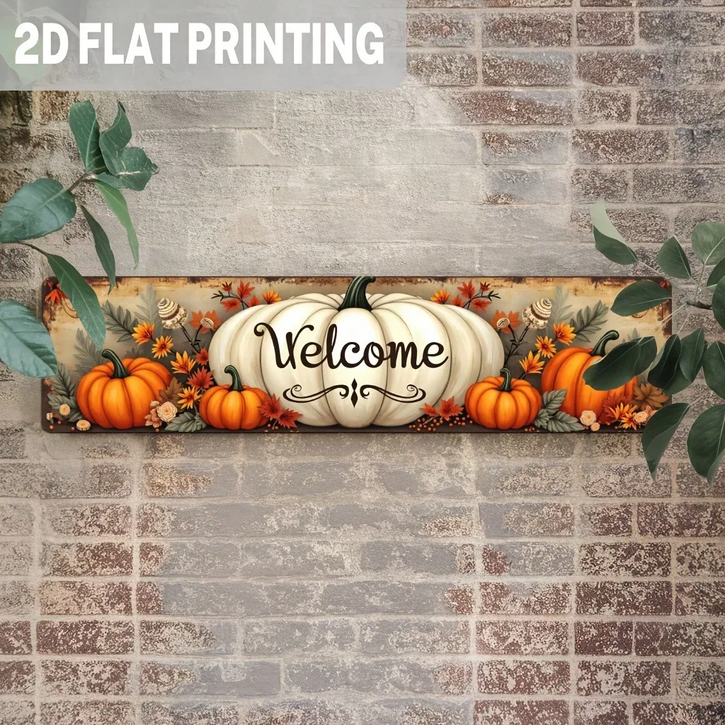 2D Flat, 1pc Rustic Farmhouse Welcome Pumpkin Metal - 164In Autumn Harvest Sign Featuring Orange Pumpkins, Brown Leaves With Cursive Welcome Text - Metal Farmhouse Decor For Kitchen, Entryway, Living Room - Fall Thanksgiving Ornament