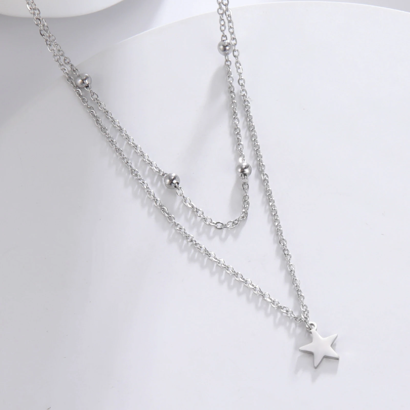 KKjoy Star Pendant Necklace for Women Silver Color Stainless Steel Beads Double Chain Collars Minimalist Jewelry Accessories New