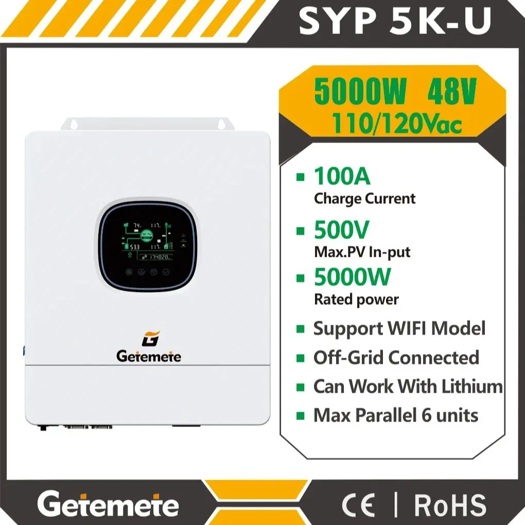 

GTMT SYPU 5KW 110/120V Hybrid SolarInverter MPPT 100A 10000VA Pure SineWave Inverter 48V Battery Charger Off-Grid Solar Inverter