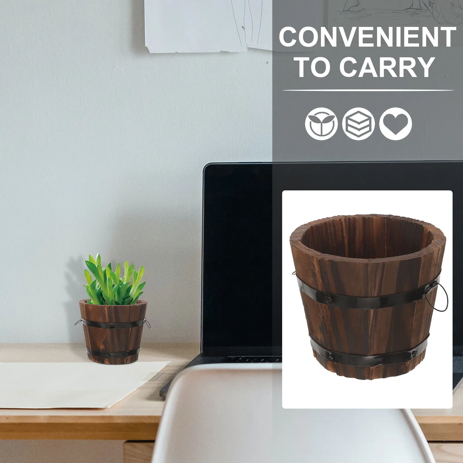 

4Pcs Small Wood Barrel Planter Pot Garden Flower Pot with Drainage for Vegetable Planting Succulents Balcony Gardening Supplies