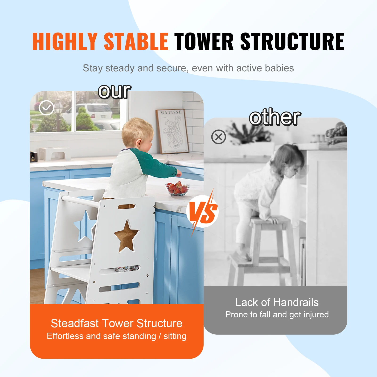 Imagem -04 - Vevor-bamboo Tower Step Stool For Kids Altura Ajustável Fezes de Aprendizado com Trilho de Segurança Balcão de Cozinha Banheiro Níveis