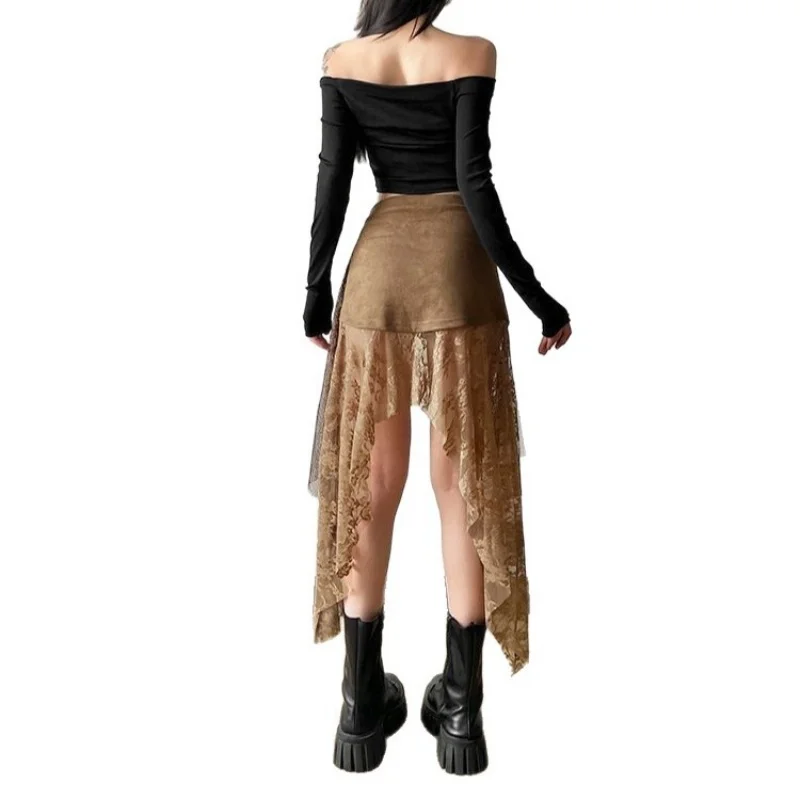 

Women's 2026 Summer New Lace Splicing Midi Skirt French Style Elegant Solid Color Asymmetrical Skirt