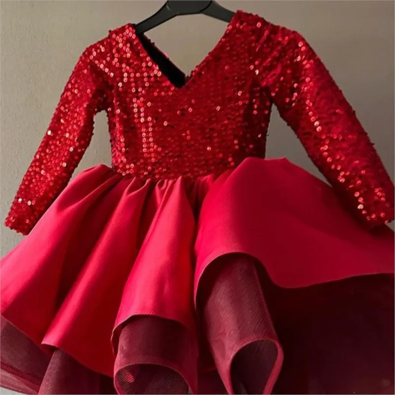 Fashion Baby Girl Red Sequin Dress Long Sleeve Tutu Dress Infant Toddler Child V-Neck Vestido Christmas Party Baby Clothes 1-12Y