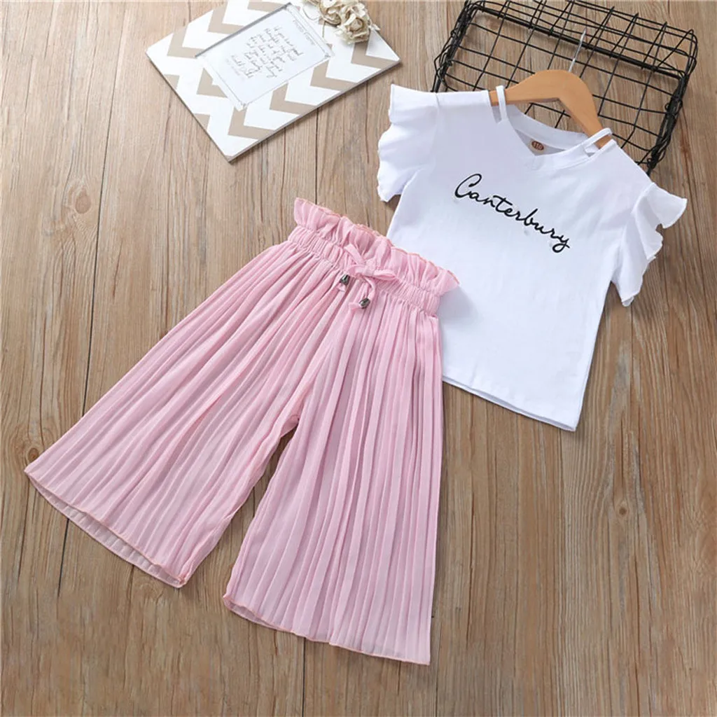 Pullover Children Clothes Children Kids Baby Girls Letter T Shirt Tops+Ruffle Loose Pants Outfits Costume дитячий одяг дівчинки