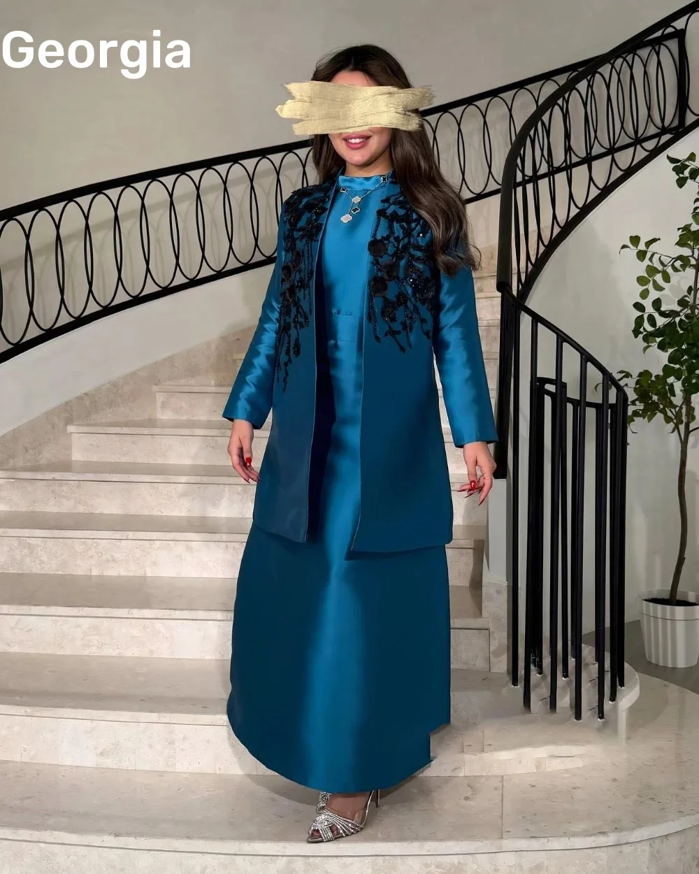 Abiti di lusso personalizzati Abiti da sera con scollo rotondo Colonna Abiti da ballo alla caviglia Fiori Cerniera Maniche lunghe Festa elegante