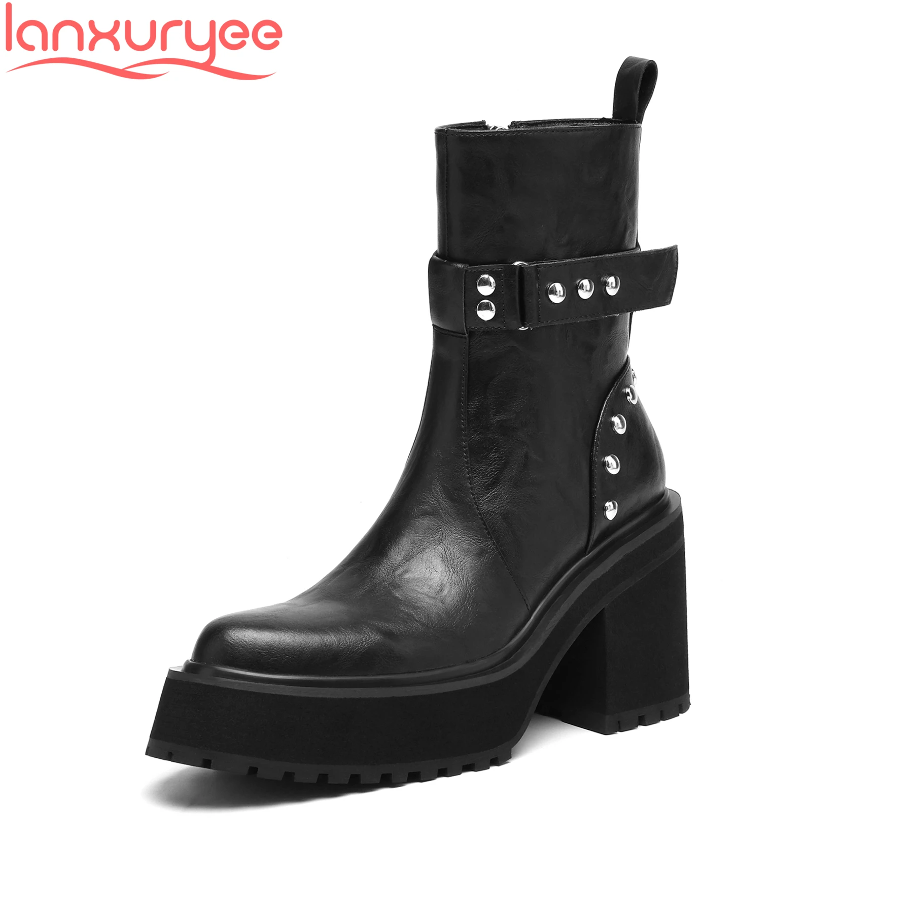 

Cow Leather Round Toe Zipper High Heels Modern Motorcycles Boots Warm Winter Shoes Dating Belt Buckle Brand Platform Ankle Boots