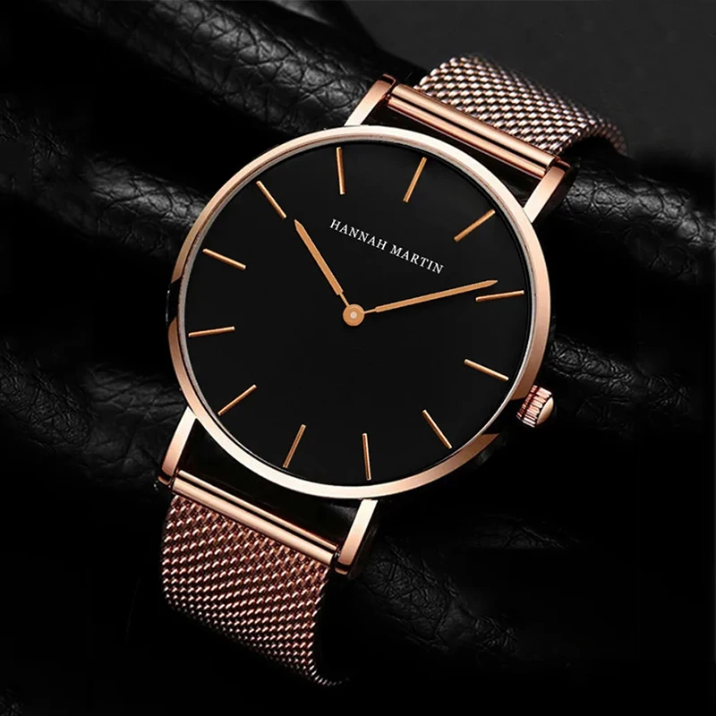 Hannah Martin classic men's watch Japanese seasonal waterproof mesh belt leather clock fashion business ultra-thin watch.