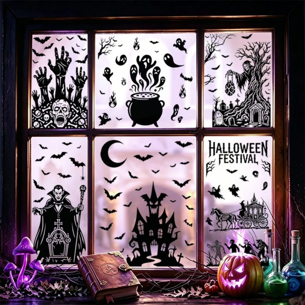 Halloween Decoration Crucible Vampire Tombstone Ghost Castle Witch Static Glass Door Window Stickers for Party Diy