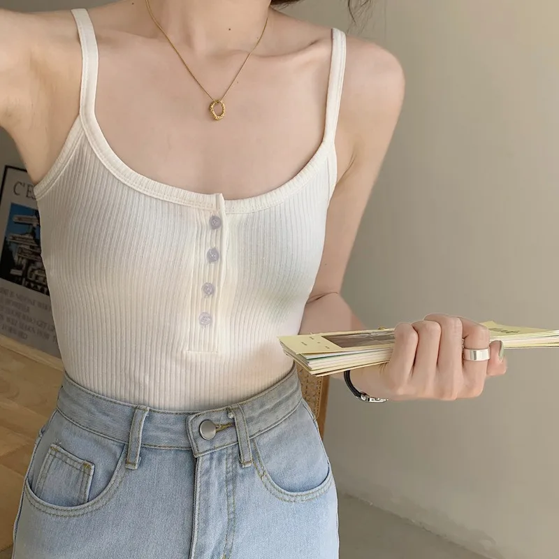 高品質コットンキャミソールベスト レディース 夏 ボタンベース インナー Uネック 背中見せ