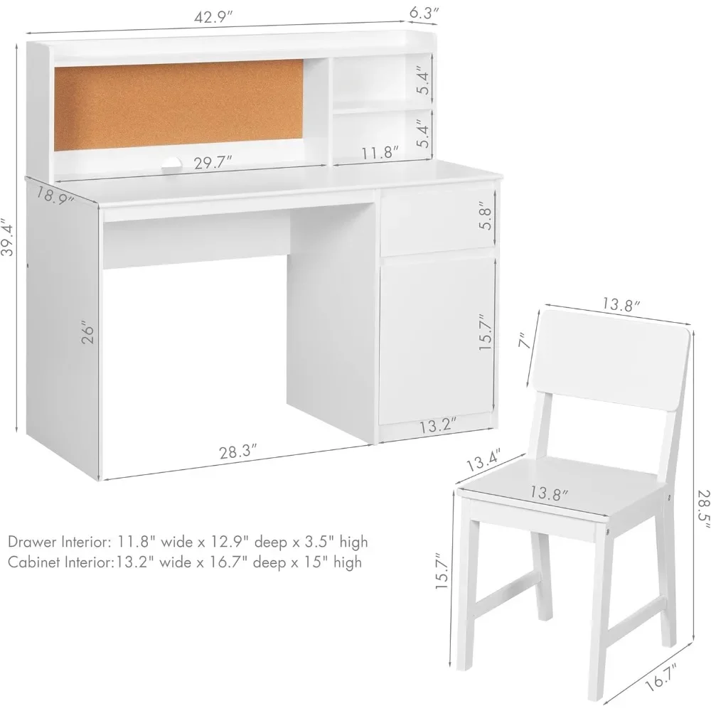 UTEX Kids Study Desk with Chair, Kids Desk and Chair Sets with Hutch and Storage Cabinet, Wooden Children Study Table, Student