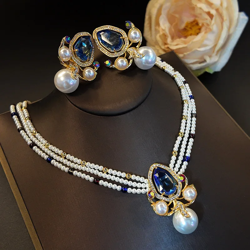 

New Elegant Pearl Gemstone Multi Layer Necklace Spider Earring Jewelry Sets Woman Fashion Accessories High-Quality