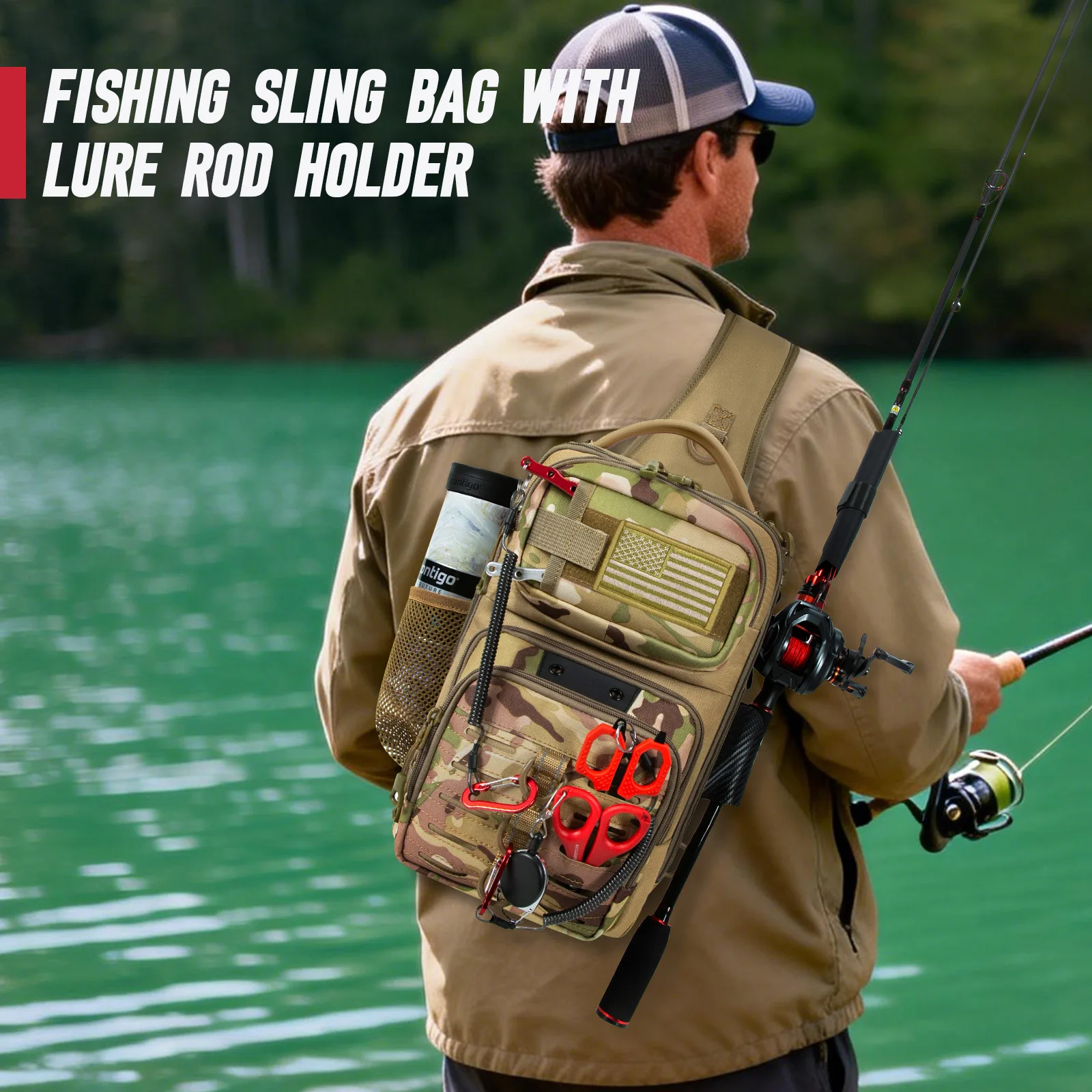 Fishing Backpack Tackle Sling Bag - Fishing Bag With Rod Holder Fixed Stickers for Outdoor Fishing Hunting Hiking