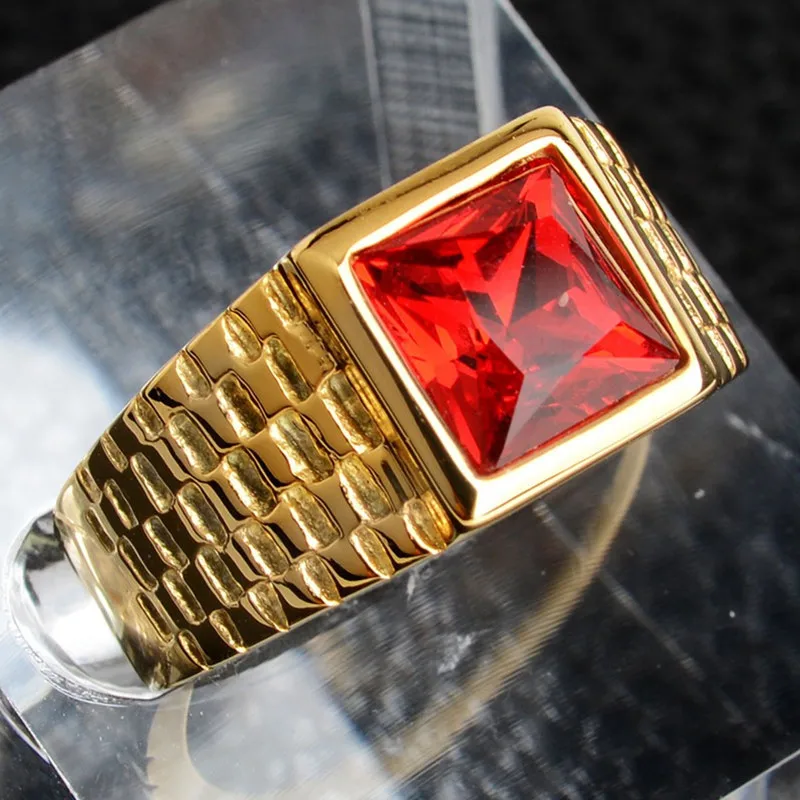 

4 Colors Square Gemstones Stainless Steel Rings for Men 18K Gold Filled Titanium Cool Masculine Concise Daily Wear Finger Bands