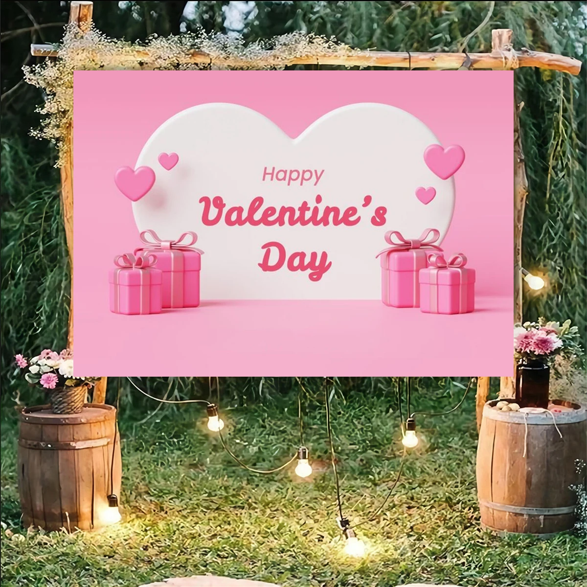 Pink Happy Valentine's Day Backdrop Beautiful Balloons Love Heart Party Wedding Anniversary Photo Shooting Decoration Banner