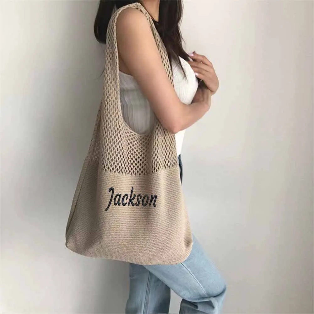 

Solid Color Knitted Wool Tote Bag Personalized Name Women's Shopping Bag Retro Hollowed Handbag Custom Embroidered Soft Handbags