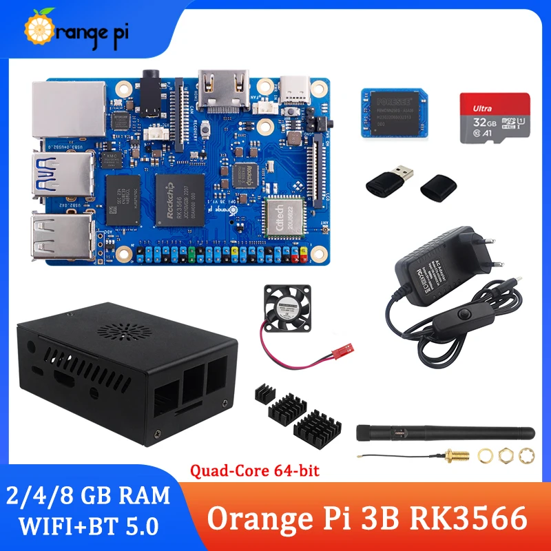 

Orange Pi 3B Rockchip RK3566 2/4/8 ГБ ОЗУ WiFi5 + BT 5,0 Гигабитный LAN-порт Дополнительный корпус Блок питания-кулер EMMC для Orange Pi 3B