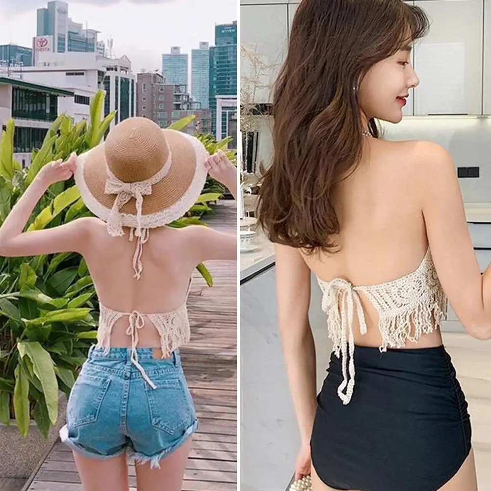 

Sexy Boho Beach Holiday Camisole Halter Women Crochet Tassel Backless Top Knit Vest Women's Swimsuit Crop Tank Hollow Bra T A6P7