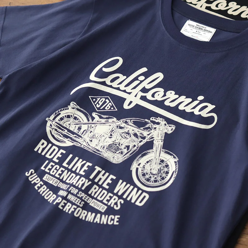 

Vintage Print Cotton T-irt Men's Summer American Retro Motorcycle round Ne Casual Base irt ort Sve round Ne T-irt