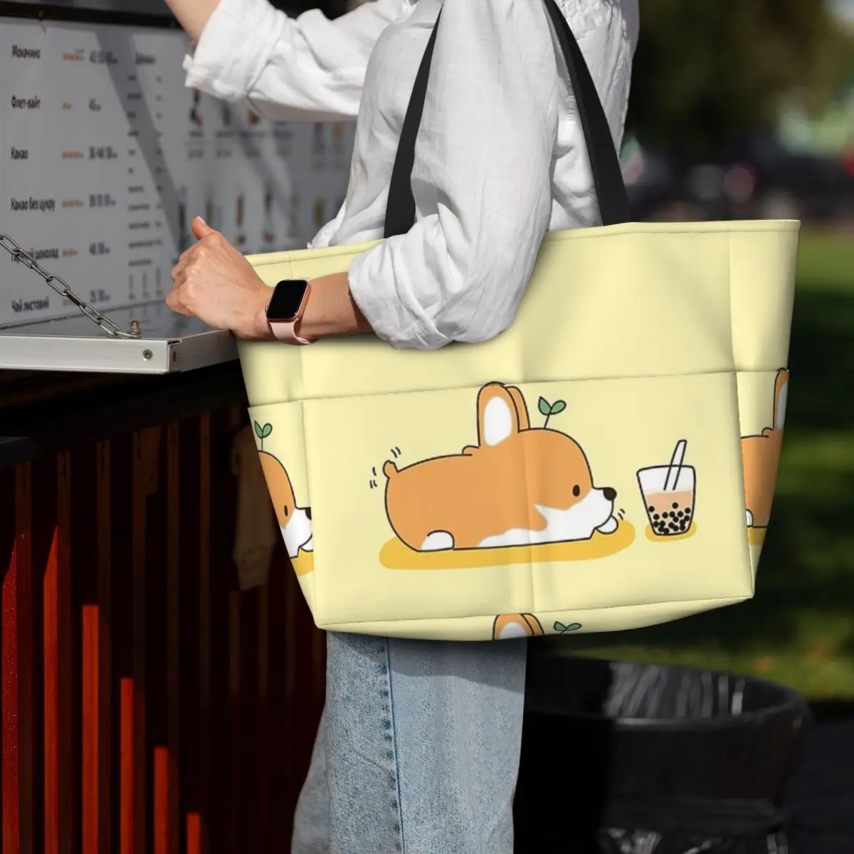 

Corgi And Bubble Tea Beach Tote Bag Sport Gym Yoga Duffle Large Tote Bag Women Travel Bag Fitness bag
