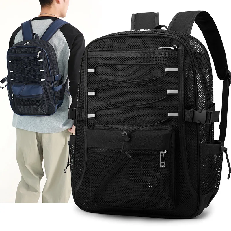 Breathable Full Mesh Backpack Bungee Cord Design Multi Pocket Casual Daypack Lightweight Travel School Backpack For Men Women