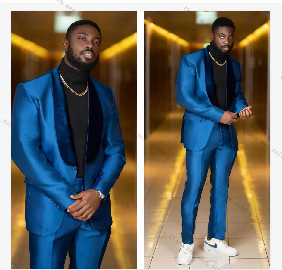 

Blue Satin Men Suits Set 2 Pcs Blazer+Pants Trousers Wedding Tuxedos Business Formal Office Customized Prom Dress Jacket Coat