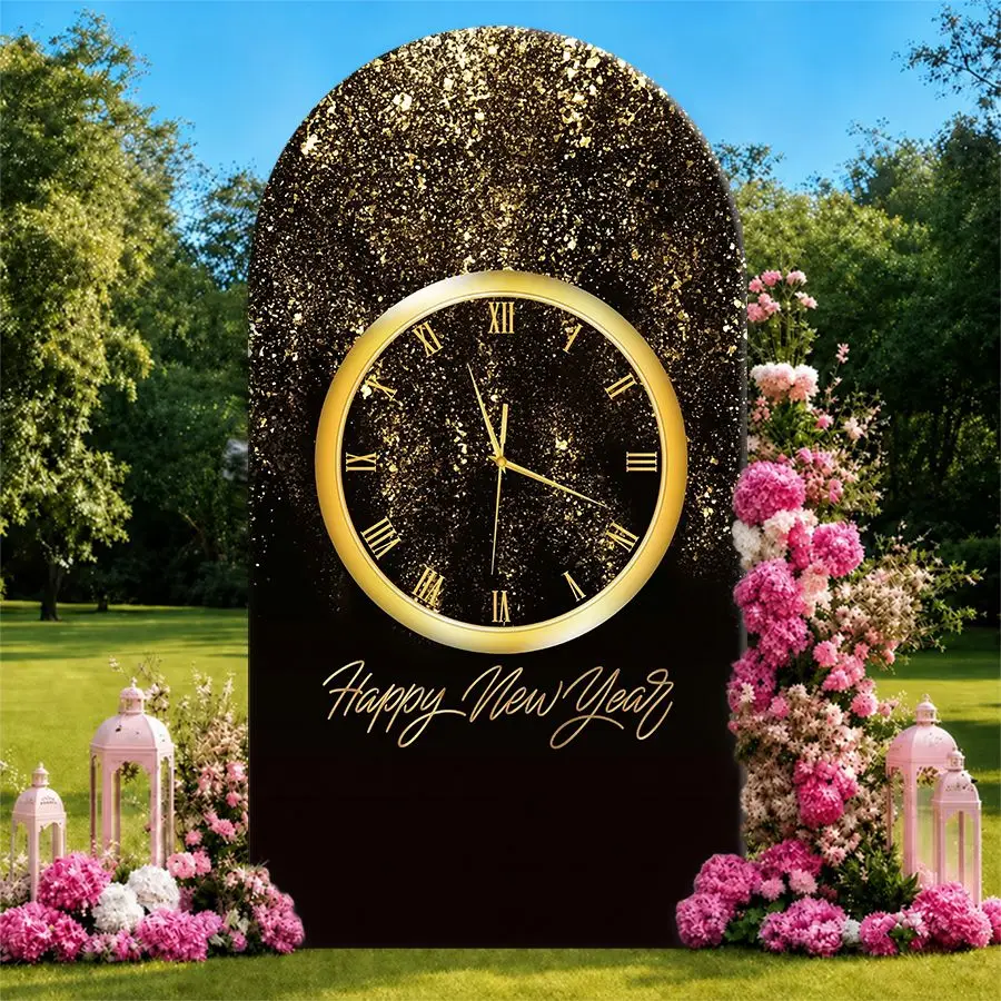 

Happy New Year Gold Clock Arch Backdrop Cover Party Backdrop Fabric Cover Birthday Party BabyShower Photo Background Decoration
