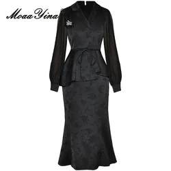 MoaaYina Autumn Fashion Runway Black Vintage Mermaid Dress Women V Neck Brooch Frenulum Ruffles Package Buttocks Slim Long Dress