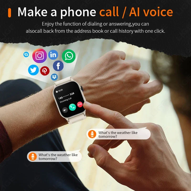 LIGE ساعة ذكية جديدة للنساء والرجال 2.01 "HD عرض مراقبة الصحة الرياضة اللياقة البدنية الساعات AI صوت بلوتوث دعوة Smartwatch رجل