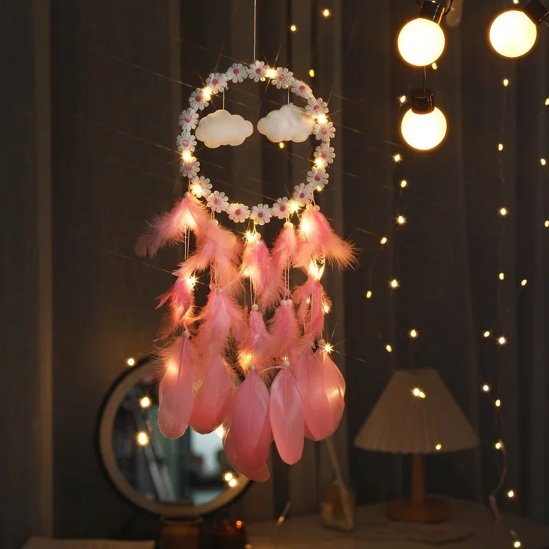 Macaron Cloud Daisy Handmade Dreamcatcher With Optional LED Fairy Lights, Natural Fluffy Feather Wall Hanging Ornament, Boho In