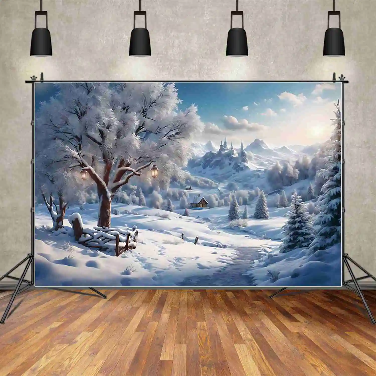 MOON.QG Christmas Village Houses Backgrounds Photography Snow Winter Trees Backdrops New Year Decoration Photography Accessories