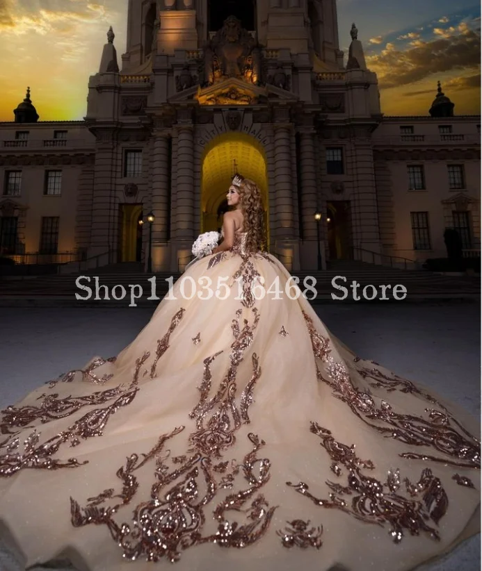 Champagne Luxury Princess 15 Quinceanera Dresses Cathedral Train Crystal Applique Glitter Mexico 16 year old vestidos de 15 años