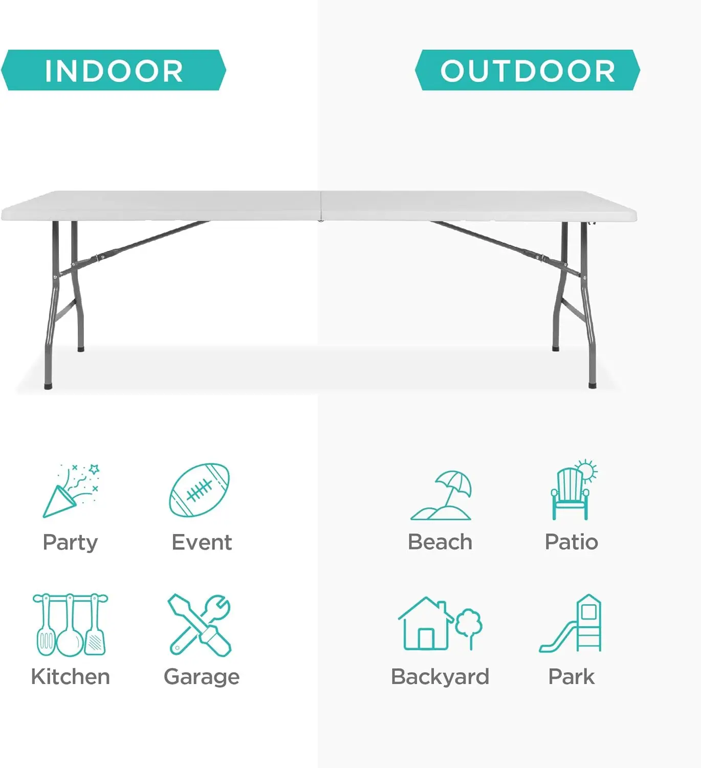 Producten 8ft kunststof klaptafel, binnen buiten zwaar draagbaar met handvat, slot voor picknick, feest, pong, camping - wit