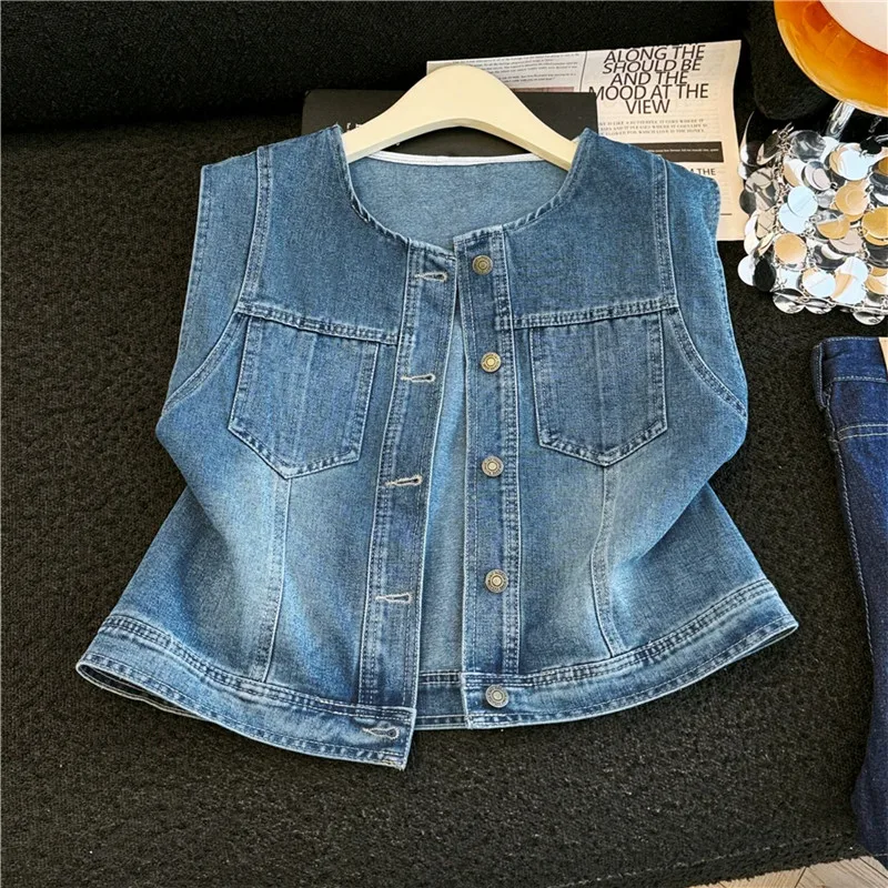 

Summer Women Slim Short Denim Vest Vintage Washed Blue Round Neck Single-Breasted Sleeveless Cowboy Waistcoat Female Jeans Vest