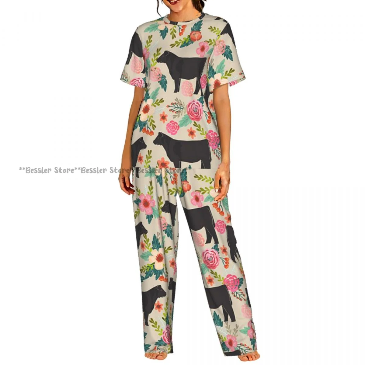

Women's Vintage Floral Cow short sleeve trousers casual pajamas set