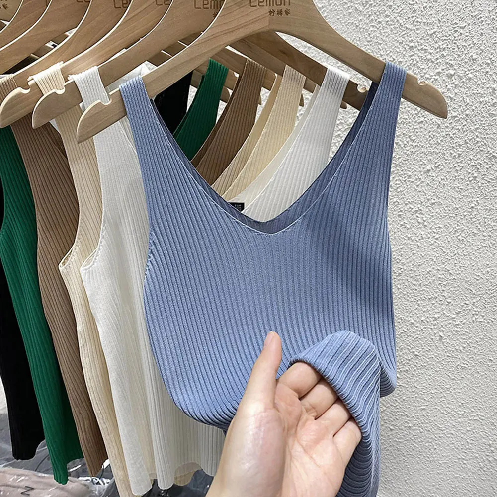 

Summer Spring Tank Tops Women Sleeveless Knitted Camisole Deep V-Neck Elastic Slim Casual Vests Camis Knitting Pullover Shirts