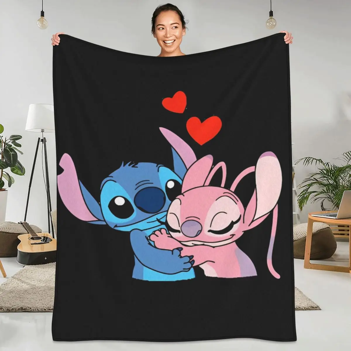 Kawaii Stitch And Angel Blankets Quality Warm Cartoon Comic Throw Blanket Winter Airplane Travel Home Decor Print Bedspread