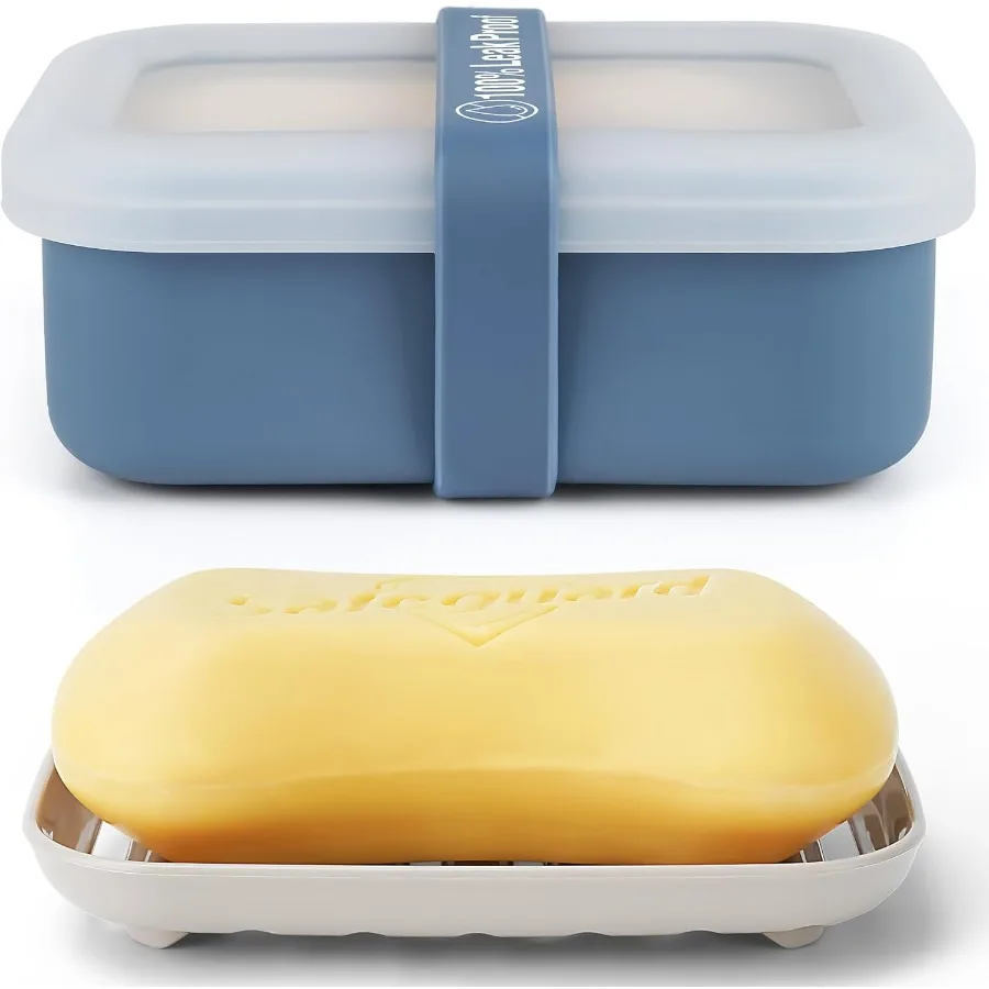 

Compact Leakproof Travel Soap Case with Lid and Silicone Strap - Portable Draining Soap Bar Holder for Gym Bathroom Camping - L