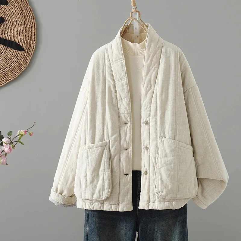 Women's Cotton Linen Zen Style Quilted Coat – Chinese Style Thick Warm Top for Autumn Winter Spring (w1838)