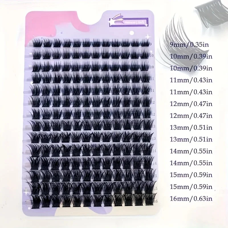 14列のミンクつけまつげ、Dカール9-16mmナチュラルアイブラックDIYクラスターつけまつげ